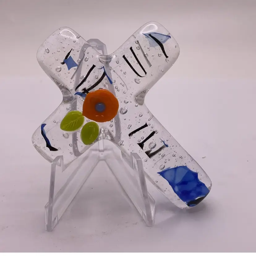 Made by Me! Fused Glass Cross Paperweight Blue 3D Flowers 3” x 2.25” Handcrafted Studio Art