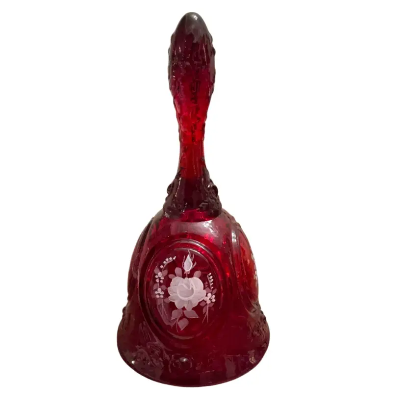 Fenton Roses On Ruby Bell HP By Frieda A 6.75” x 3.25”-GLOWS