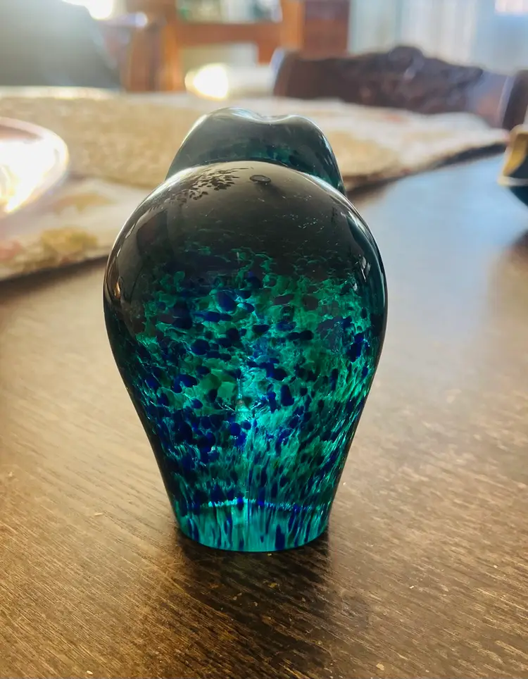 Blue/Green Speckle Glass Elephant Paper Weight;
