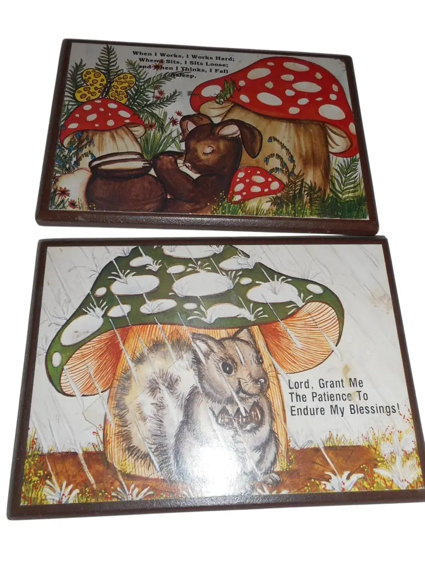 Set Of 2 Vintage 1960s 70s mushroom mouse squirrel wall hanging 8 x 5.5 "