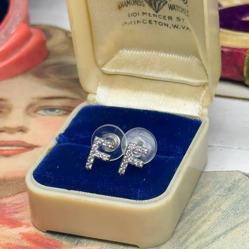 Sterling Silver White Sapphire “F” Stud Earrings