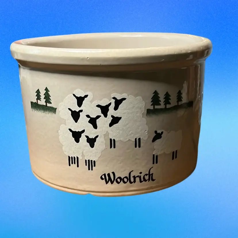 23. 
Vintage USA Crock RRP Co Pottery Roseville Ohio Stoneware Crock Cream Pottery Woolrich Sheep Design