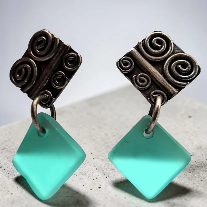 Blue Turquoise Sea Glass Art Nouveau Design Sterling Silver Post Earrings