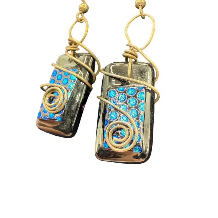 Sterling Silver Artisan Dichroic Glass Drop Pierced Earring - Dark Blue