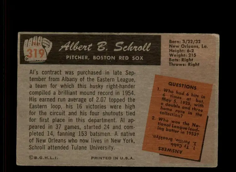 1955 Bowman #319 Al Schroll - (pk-tl3) - Boston Red Sox
