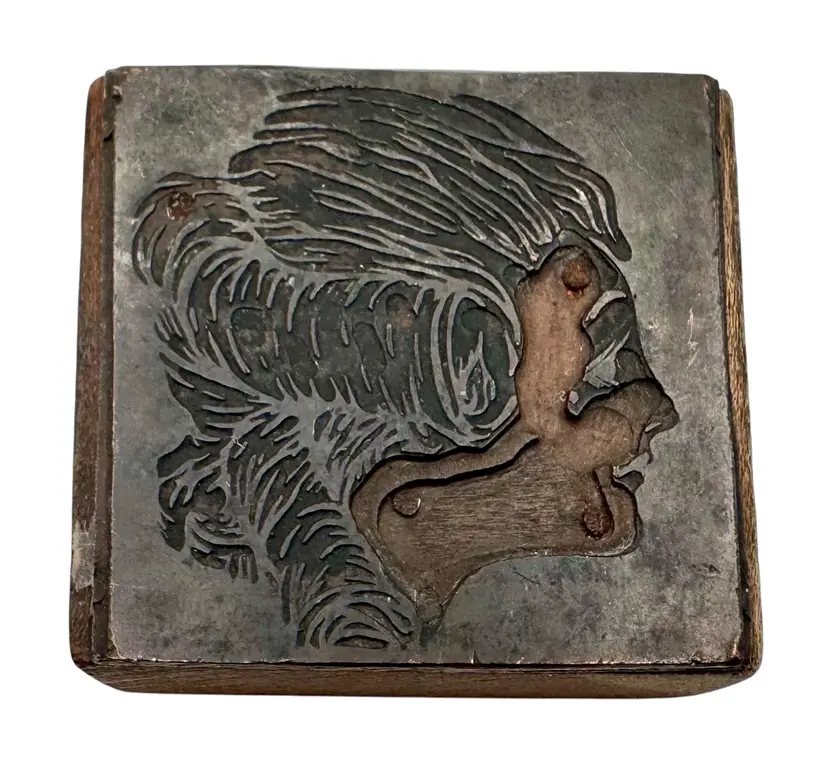Antique Vintage Letterpress Printing Block Woman Lady Face Profile Curly Hair