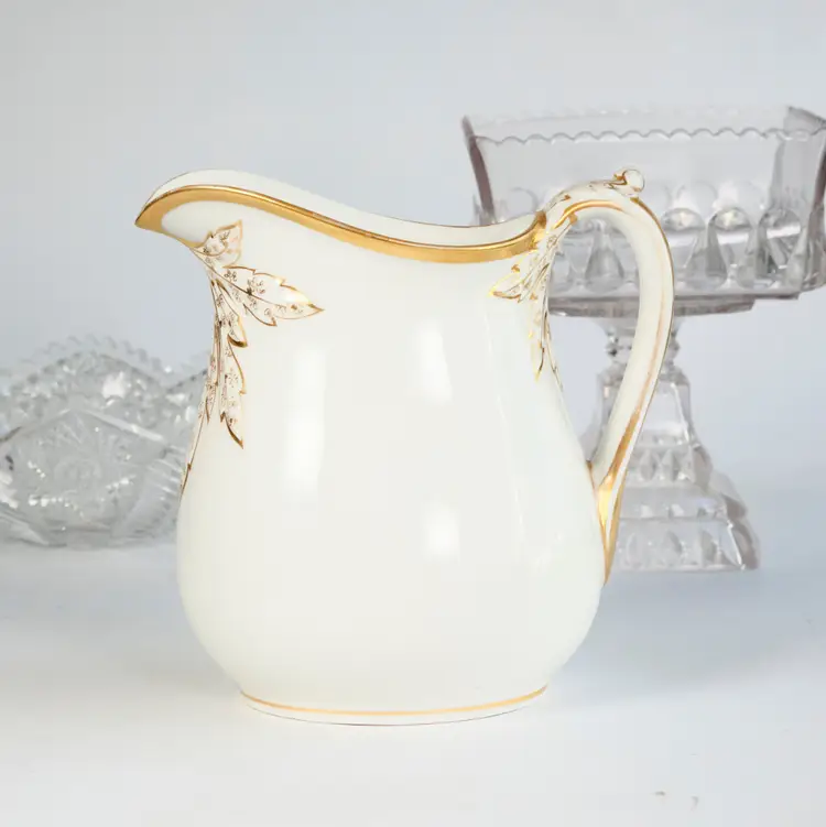 Antique H & Co Limoges France Hand Painted Pitcher Jug Vase Gold - 9" H x 6" W