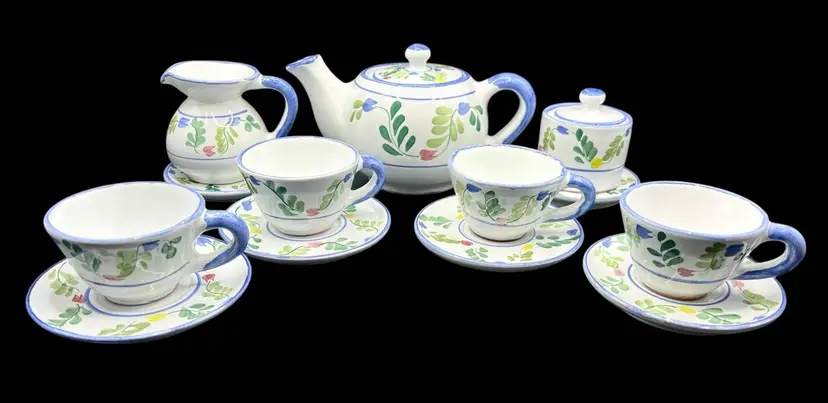 Children’s Child’s Pottery Tea Set Peru Ceramic Blue White Green Floral 15 Piece