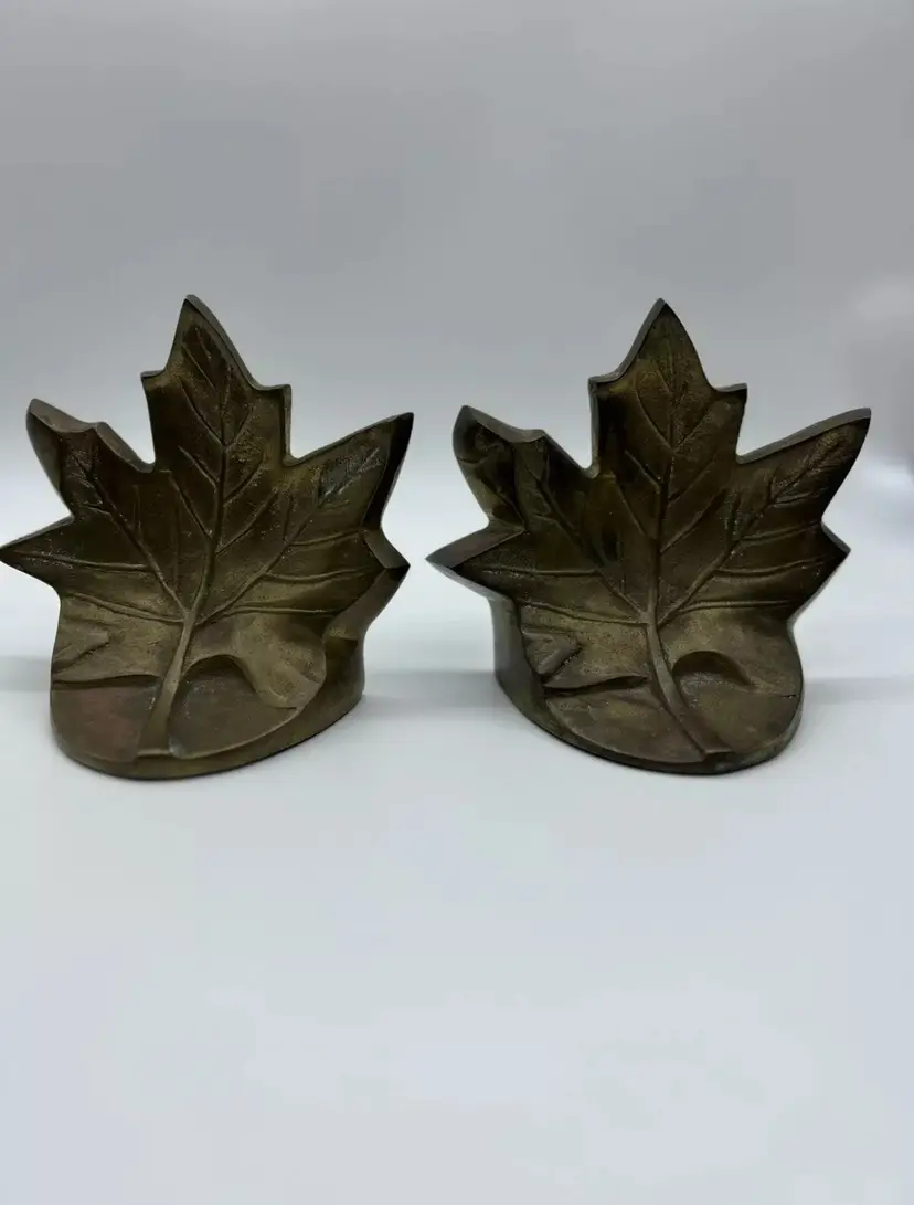 Vintage "Decorative Crafts" Cast Brass Bookends Set MAPLE LEAF Korea