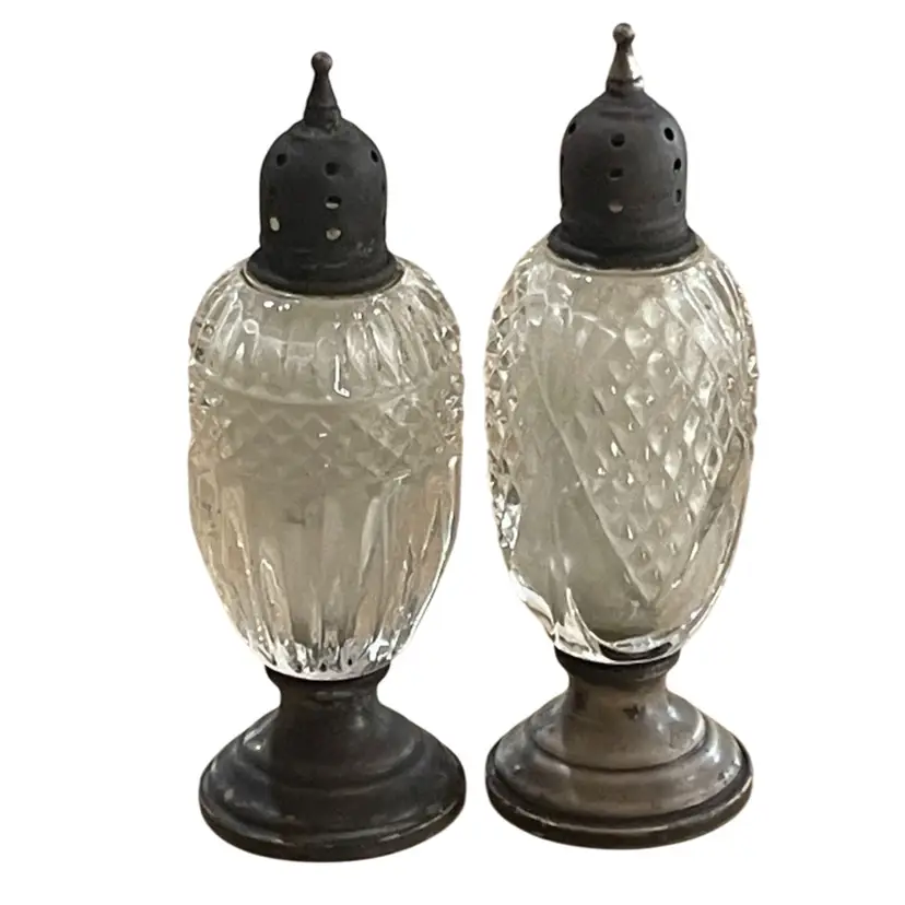 Antique Sterling Silver Cambridge Hand Made Cut Glass Salt And Pepper Shakers