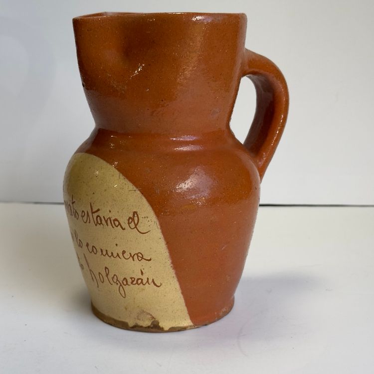 #1482 Spanish Pottery, Rustic, Pinched Spout, “Bread Would Be Cheaper If So Many Lazy People Didn’t Eat It” Is The Spanish Saying, Roughly Nd, Bulbous Bottom With Narrow Neck Jug Pot Pitcher