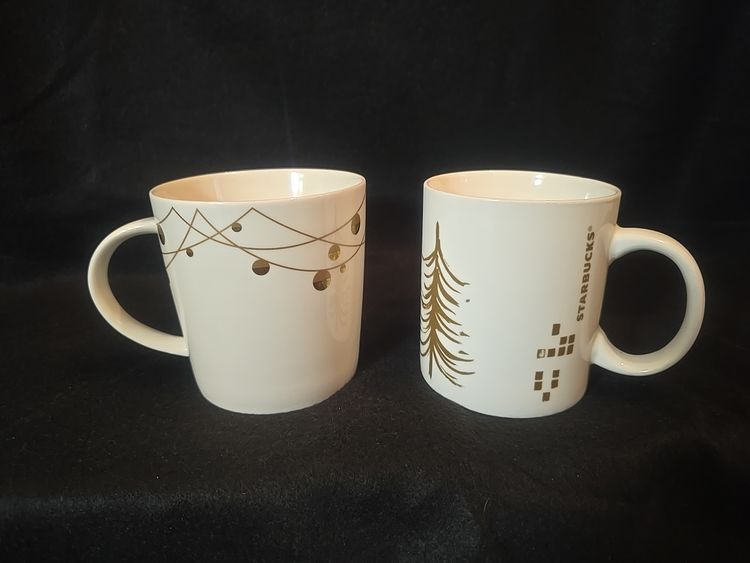 Starbucks Holiday Mug Pair – 2014 Tree (12 oz) & 2012 Garland with Bulbs (14 oz) – White with Gold