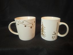 Starbucks Holiday Mug Pair – 2014 Tree (12 oz) & 2012 Garland with Bulbs (14 oz) – White with Gold