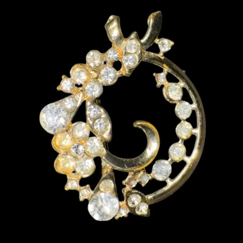 Brooch Pin 2” Gold Tone Rhinestone Vintage