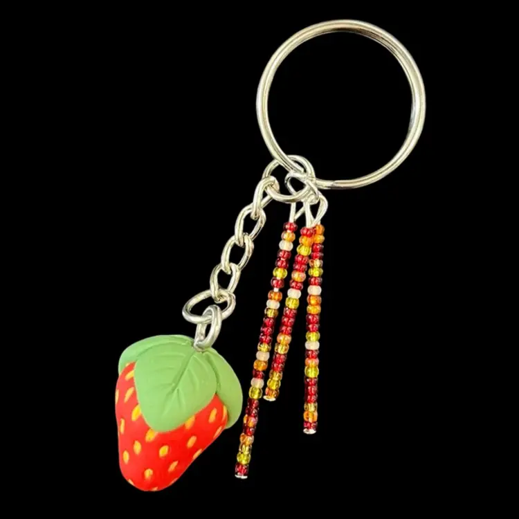 Handmade By Me- Strawberry Bag Charm With Orange & Red Seed Bead Strands, Polymer Clay Strawberry Charm Keychain, Keychain With Polymer Clay Strawberry Charm And Seed Bead Strands