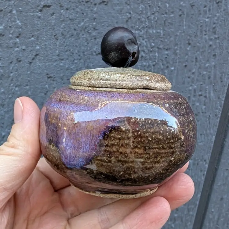 Vintage Studio Pottery Purple Drip Glaze Mini Jar w/ Buckeye Knob Lid SAM '98