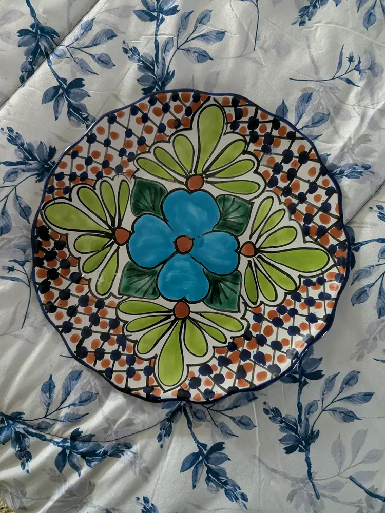 Talavera Blue Flower T Ruth Signed Wall Plate Mexico Folk Art Pottery 11" Boho Decor Colorful