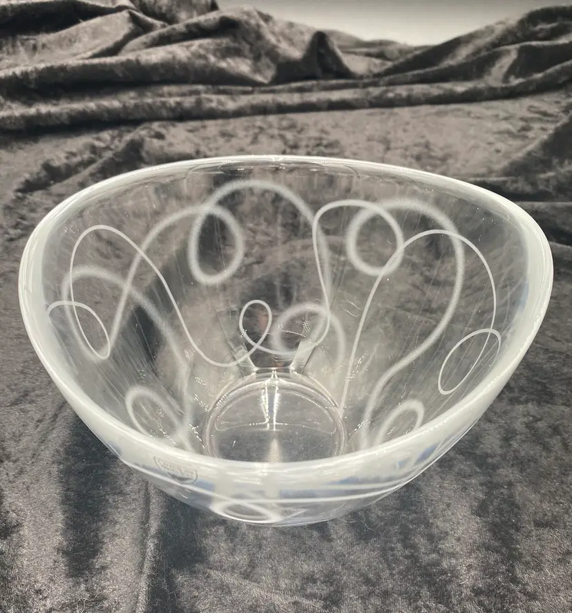 Orrefors (Sweden) Pond Clear Crystal Bowl, White Tangles Swirl Design, 6.25"