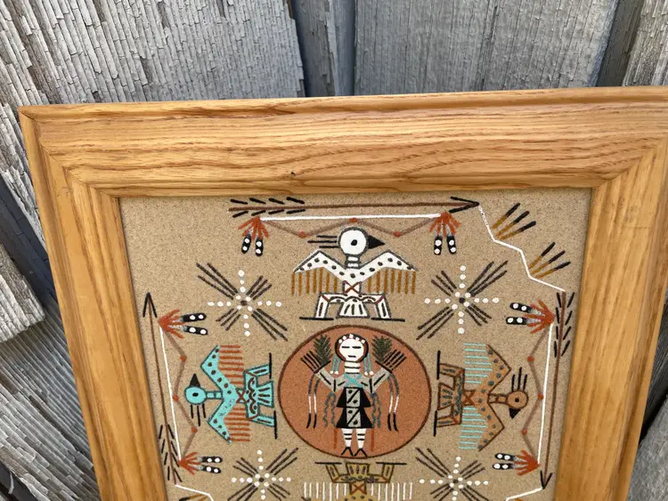 Navajo Native American Sand Painting Signed Healing Ritual Mythological Shaman Medicine Man