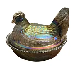Mosser For Rocco Titanium (Smoke) Carnival Glass Hen On Nest 4 1/2” X 5 1/4”