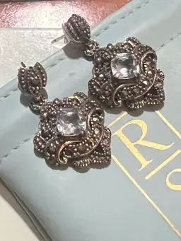 NATURAL Blue Topaz And Marcasite Sterling Silver Ornate Dangle Drop Pierced Earrings, Made By Ross & Simons With Original Box. 127