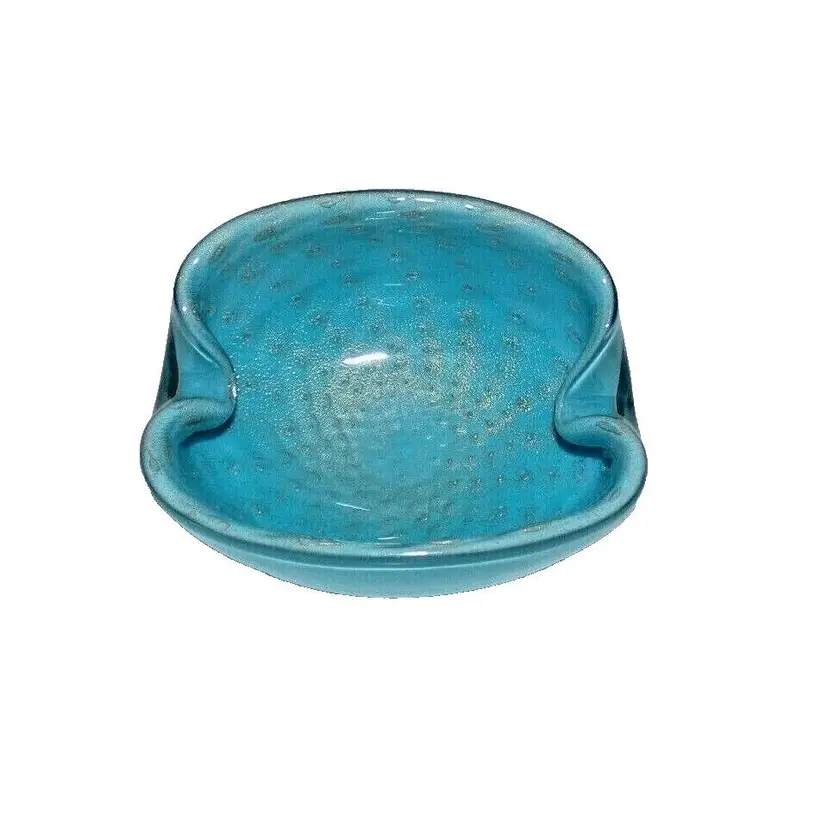 Vintage Murano, Barbini Cased Teal Glass Quilted Bowl With Gold Flake Controlled Bubble