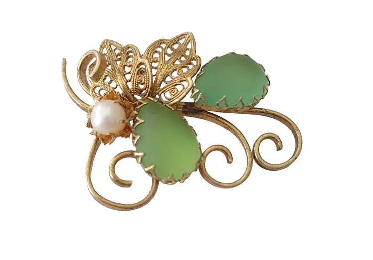 W Germany Green Frosted Glass Pear Rhinestone Filigree Genuine Pearl Leaf Scroll Brooch Pin, Signed E633