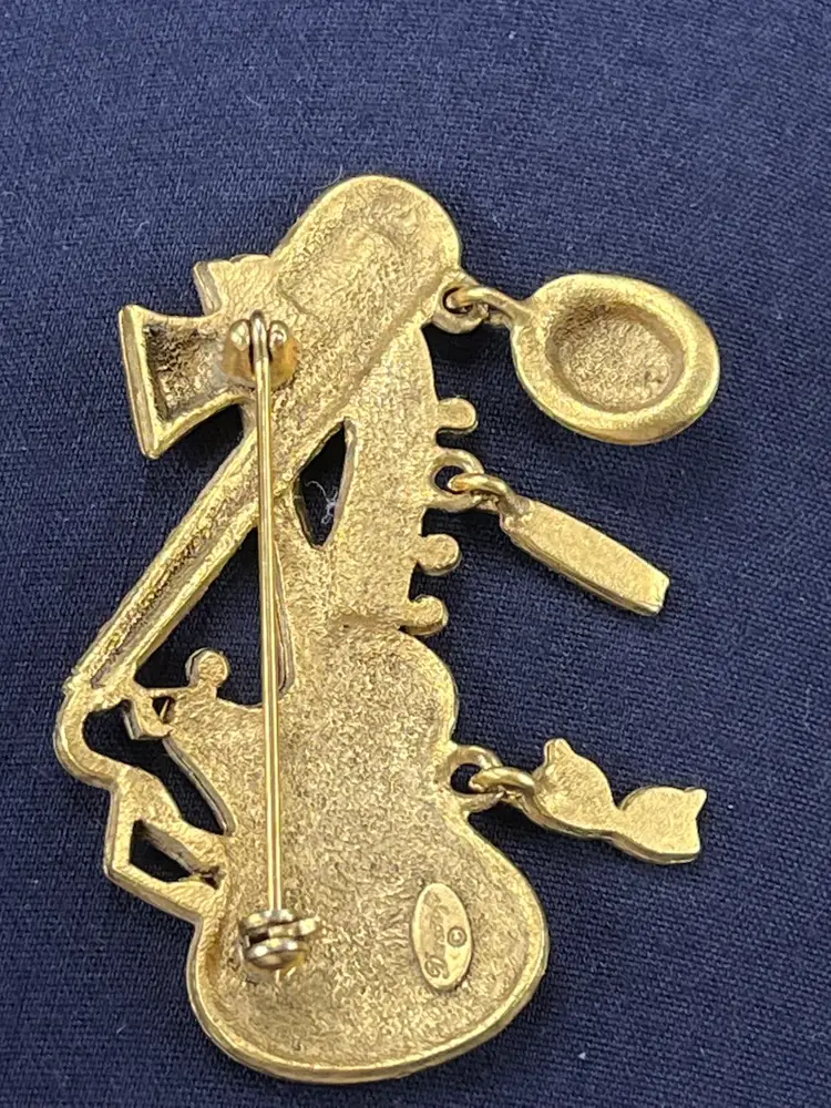 Dancraft Vintage Jazz Goldtone Brooch Guitar Saxophone With Dangle Charms Blue Rhinestones 2.25”