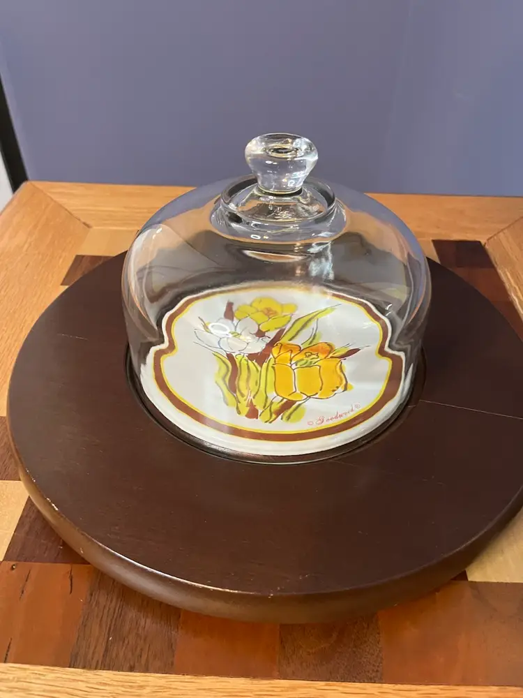 #01 Vintage Goodwood cheese board with glass dome and floral decal.