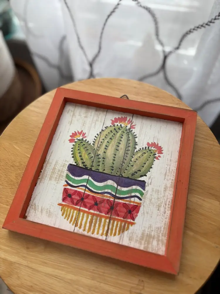 3 small, framed cactus painted art prints in distressed wooden colorful frames