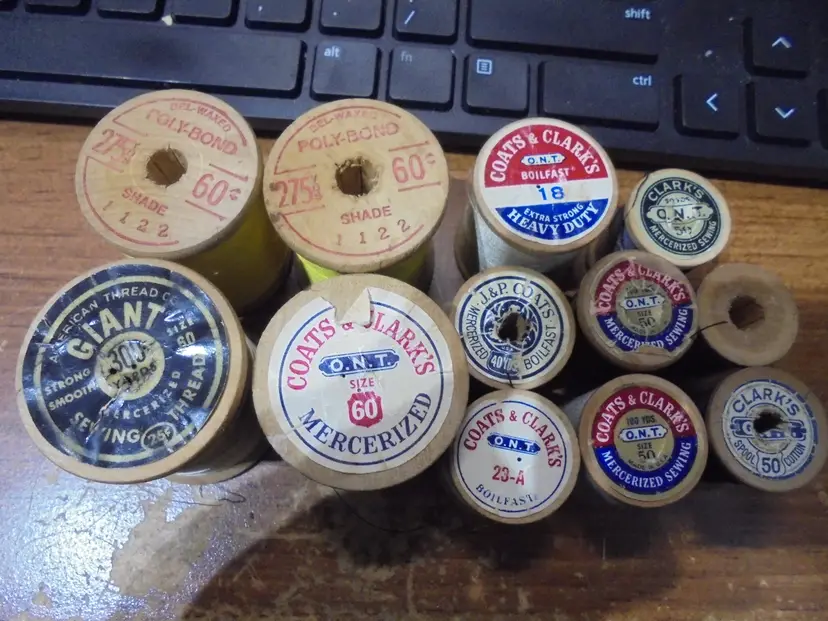 Lot of 12 Wooden Sewing Thread Spools w/ Thread Large and Small