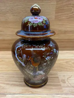 Vtg Japanese Porcelain Ginger Candy Jar Hand Paint Peacock & Flora