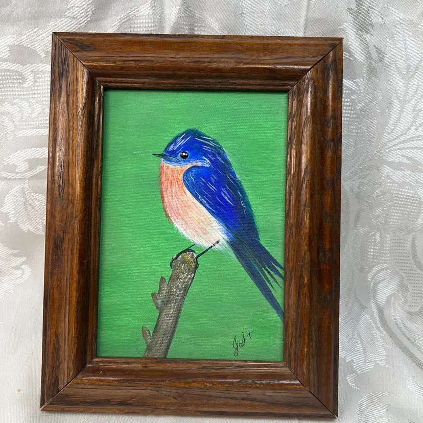 Vintage Original Wall Art Framed Signed Bluebird 9" X 7"