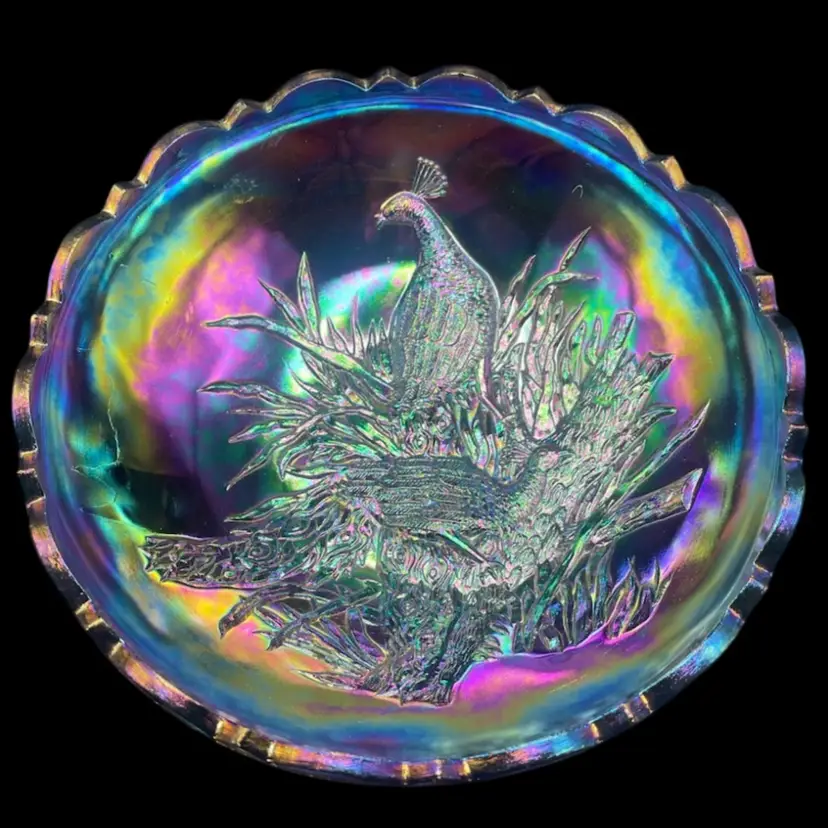LG Wright Iridescent Peacock Bowl with Butterfly Back Carnival Glass