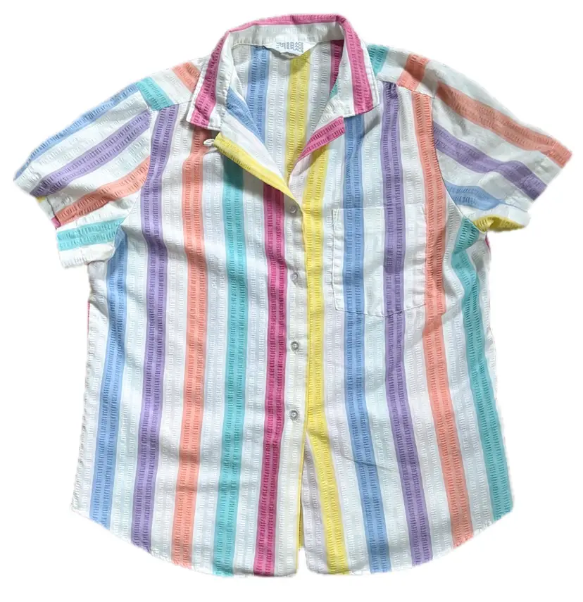 Vintage Womens Bright Colorful Striped Seersucker Shirt Blouse Fits Medium Fun