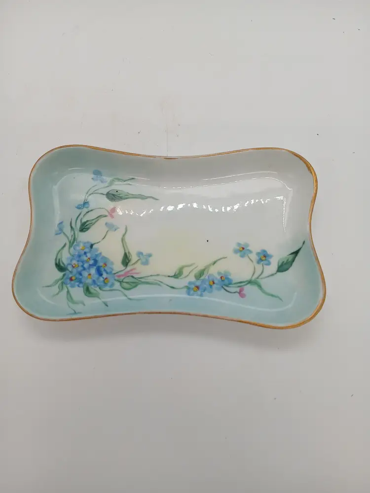 Hand Painted Porcelain Dresser Tray Forget Me Not Flowers Signed M.W.R. 1910 Gold Trim