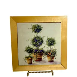Framed Ceramic Tile Picture With Stand Potted Purple & Yellow Flowers• Signed 
7-3/4”