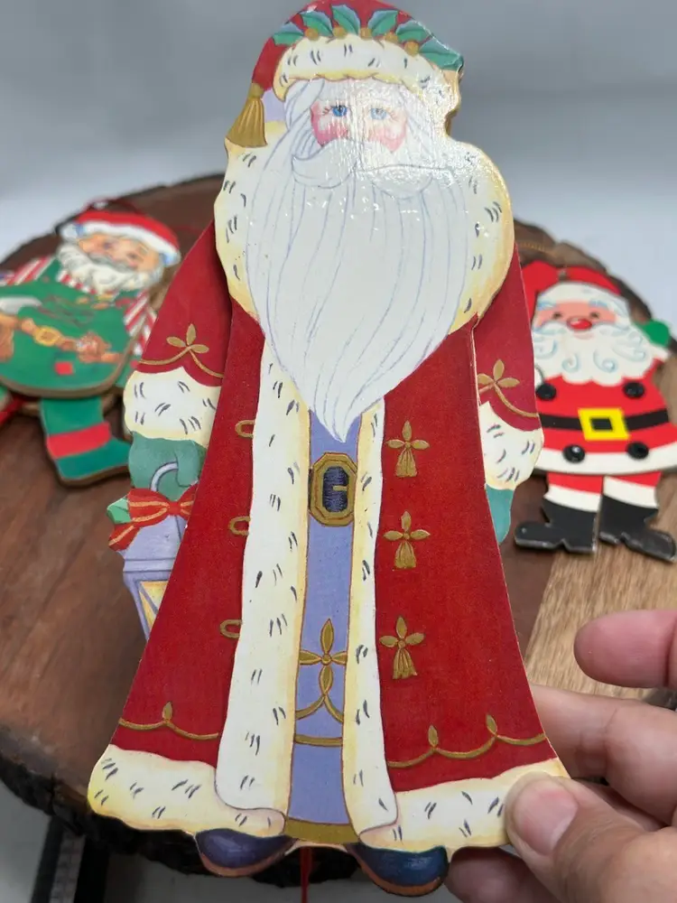 Vintage Wood Pull String Santa Claus Ornaments Lot Of 4