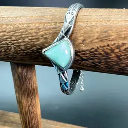 Turquoise Cuff Bracelet With Chain And Lobster Clasp Silvertone