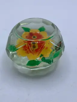 Early Chinese Glass Faceted Yellow Flowers Etched Paperweight 3” Circa 1920-40s