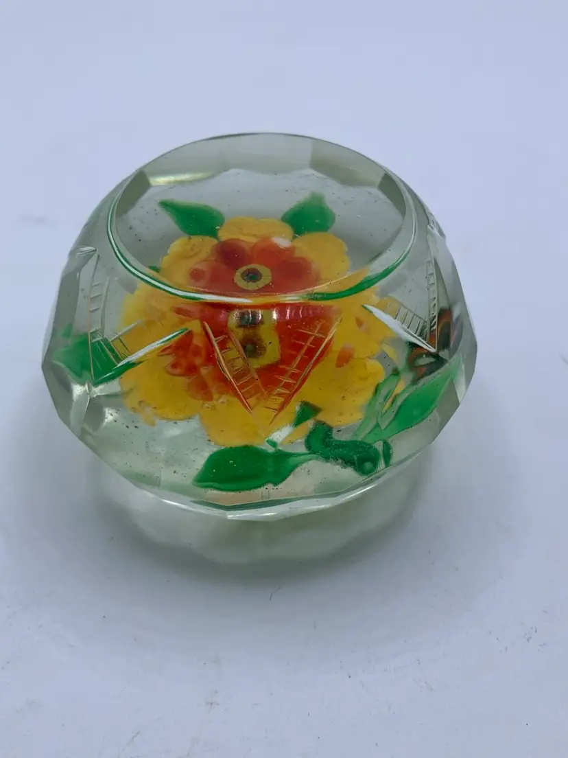 Early Chinese Glass Faceted Yellow Flowers Etched Paperweight 3” Circa 1920-40s