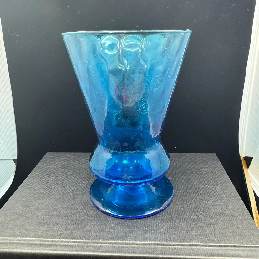 Peacock Blue Blown Art Glass Vase, Glows Green