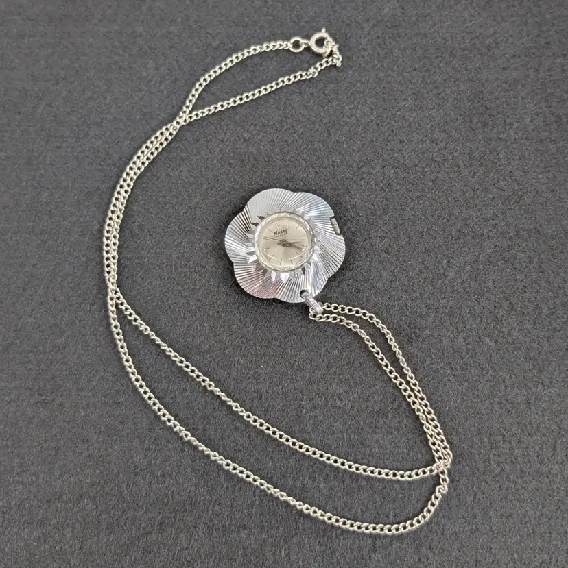 Vintage Massy de Luxe Watch Pendant Flower Chain Swiss Movement Silver Tone 1.5" WORKS