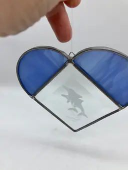 Stained Blue Glass Heart with Clear Etched Glass of Dolphins