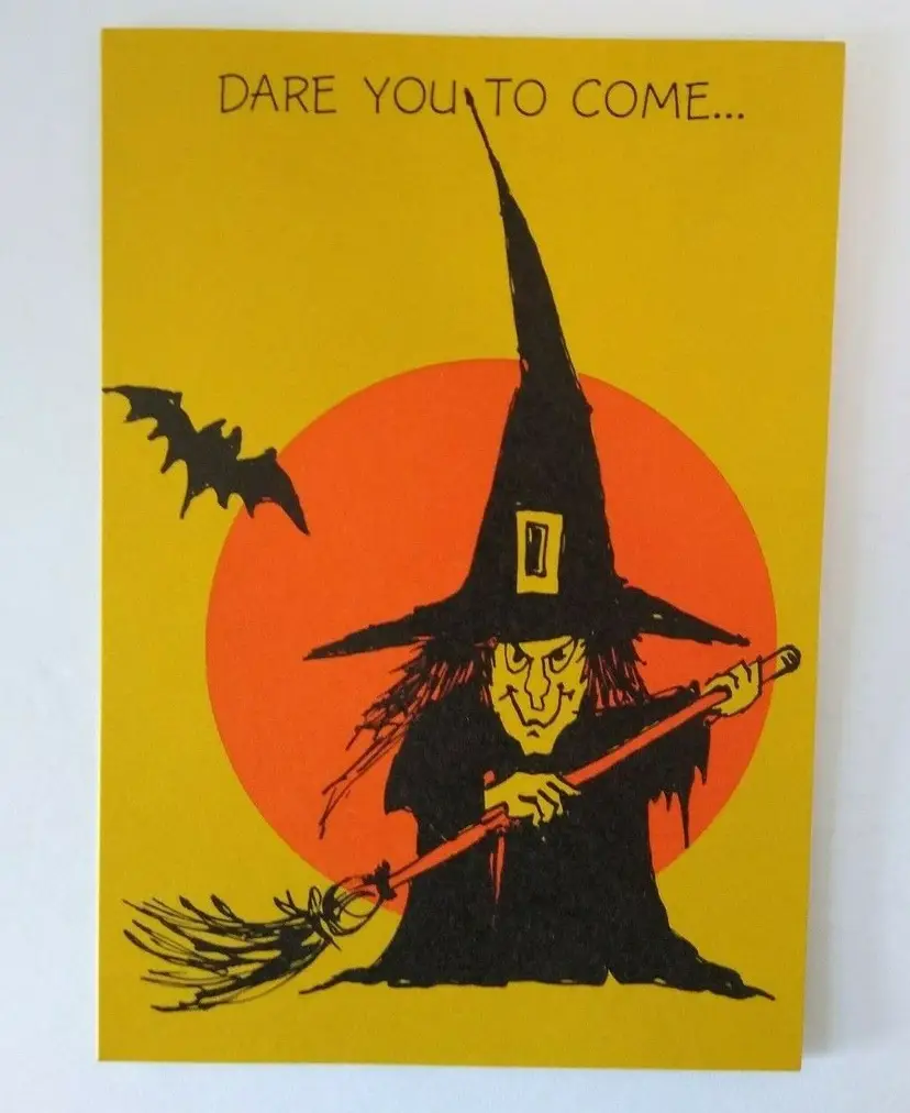 Vintage Halloween Greeting Card Party Invite Witch Big Moon Bat Original 1950's