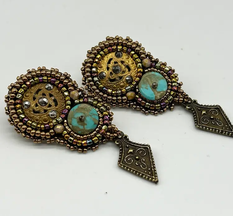 Hand Made Antique Button And Turquoise Bead Embroidered Earrings