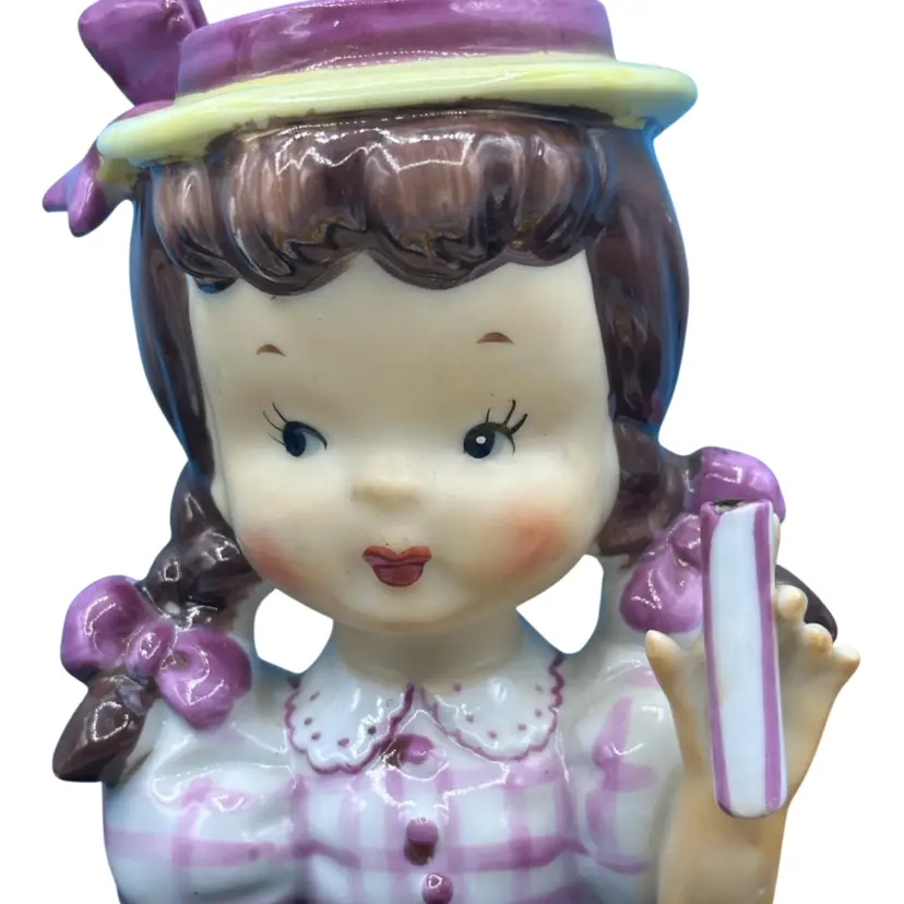 Napco  Girl Head Vase, Brown Hair in Pigtails Vintage 1950's