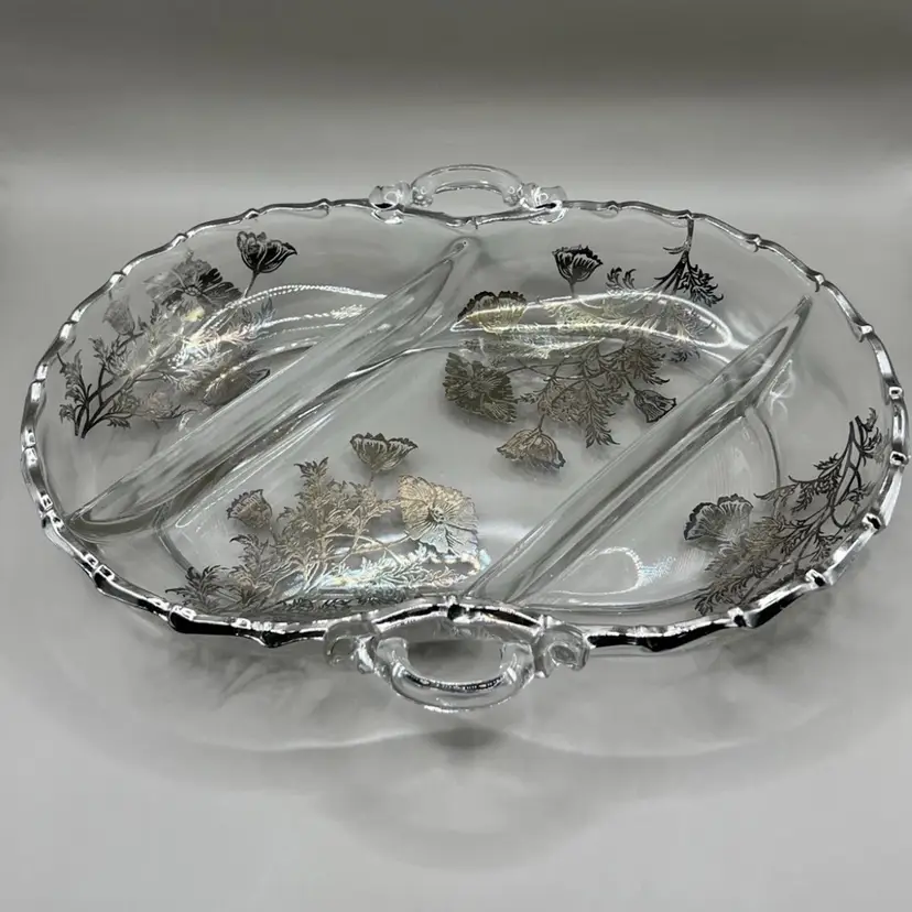Silver City Crystal Glass Tray Silver Overlay 3 Part Divided Relish Dish Chrome Trim