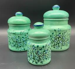 BIN - Set Of 3 Rare Vintage Hand Painted “Fun Glass By Shirley” Canisters.
