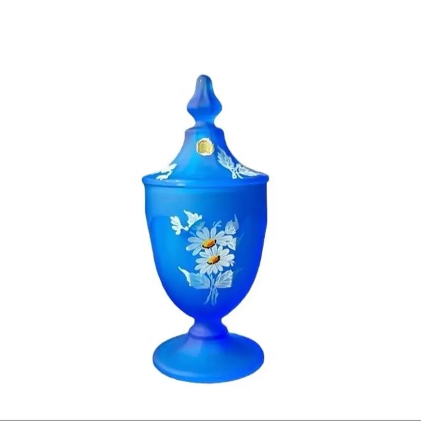 Westmoreland Hand Painted Blue Satin Glass Lidded Compote Candy Dish VTG